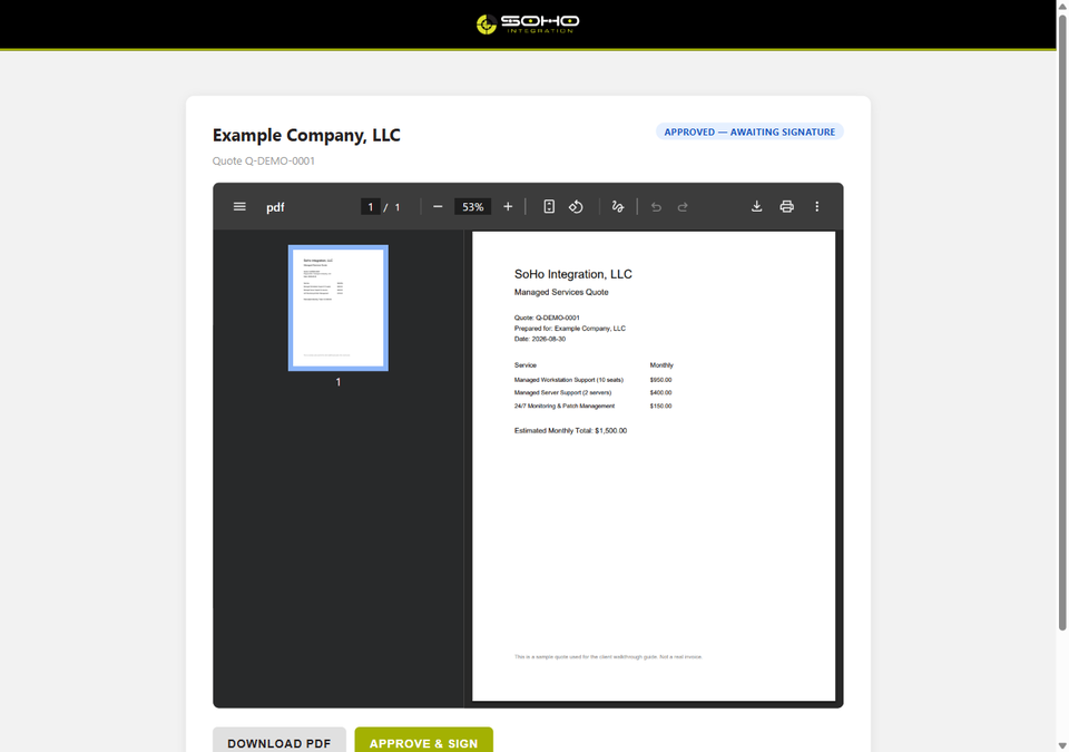 The quote review screen with the PDF displayed inline and an Approve and Sign button