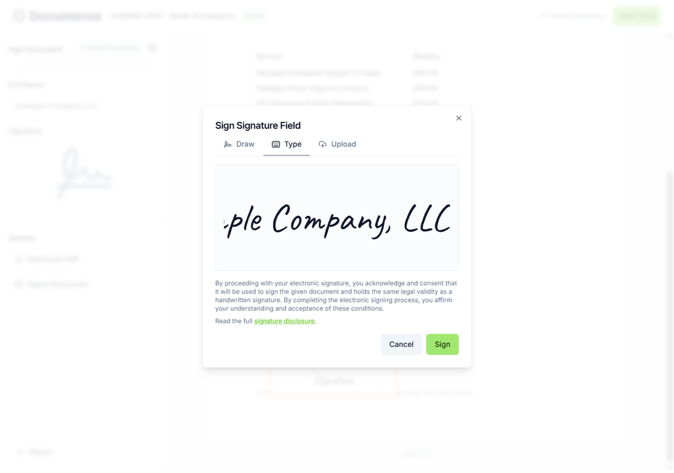 The signature dialog with Draw, Type, and Upload options