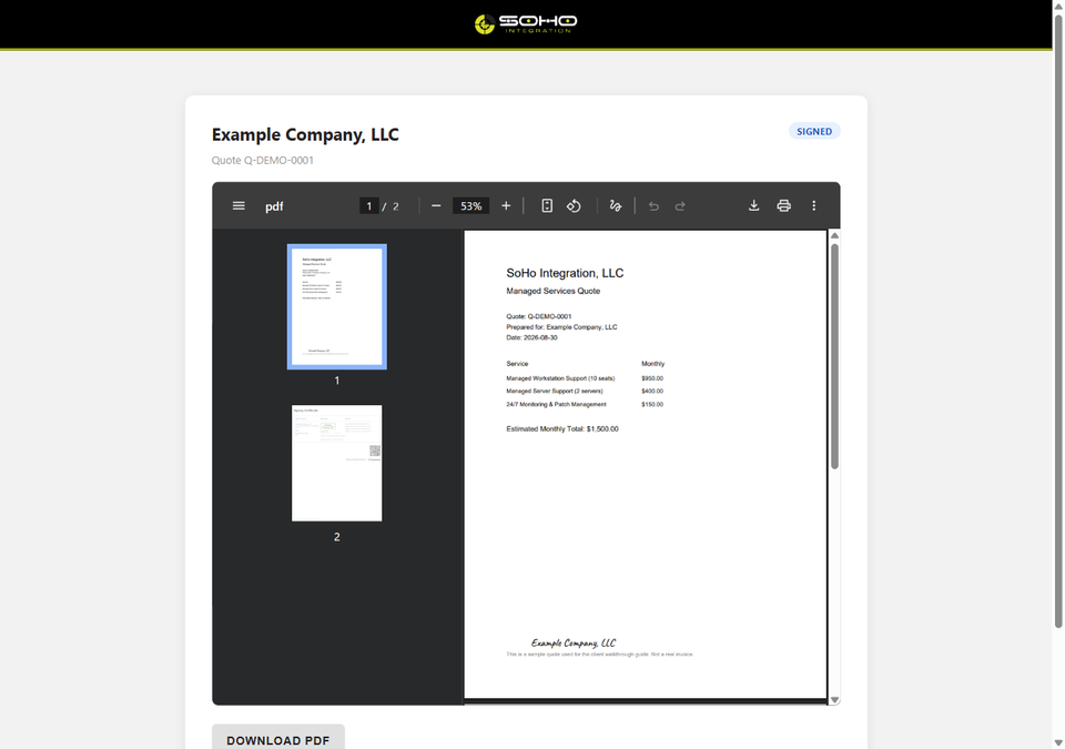 The quote page showing a Signed status badge and the executed, signed PDF